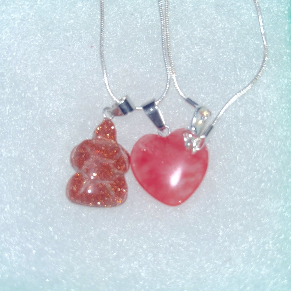 Cherry Quartz Crystal Heart ❤️ & Goldstone turtle 🐢 sterling silver 16” necklace